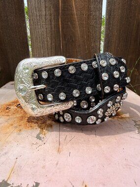 Tony Lama Black Leather Belt Crystal Studs  size 34